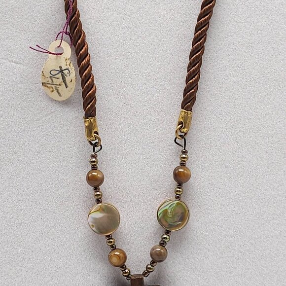 Genuine Ebony Beaded Necklace Pendant Made In Japan 24 In Brown Abalone Inlay - Picture 3 of 7